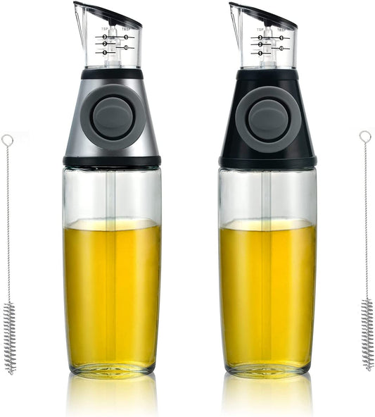 Olive Oil Dispenser Bottle Set of 2, 17Oz Olive Oil and Vinegar Dispenser Set for Kitchen, Glass Oil Bottle with Measurements and Drip-Free Spout for Cooking or Bbq，Black and Silver
